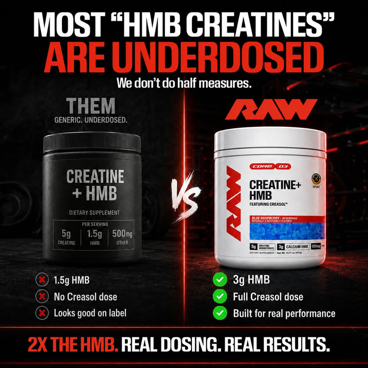 RAW Creatine Plus HMB 499g avec une cuillère pour dosage