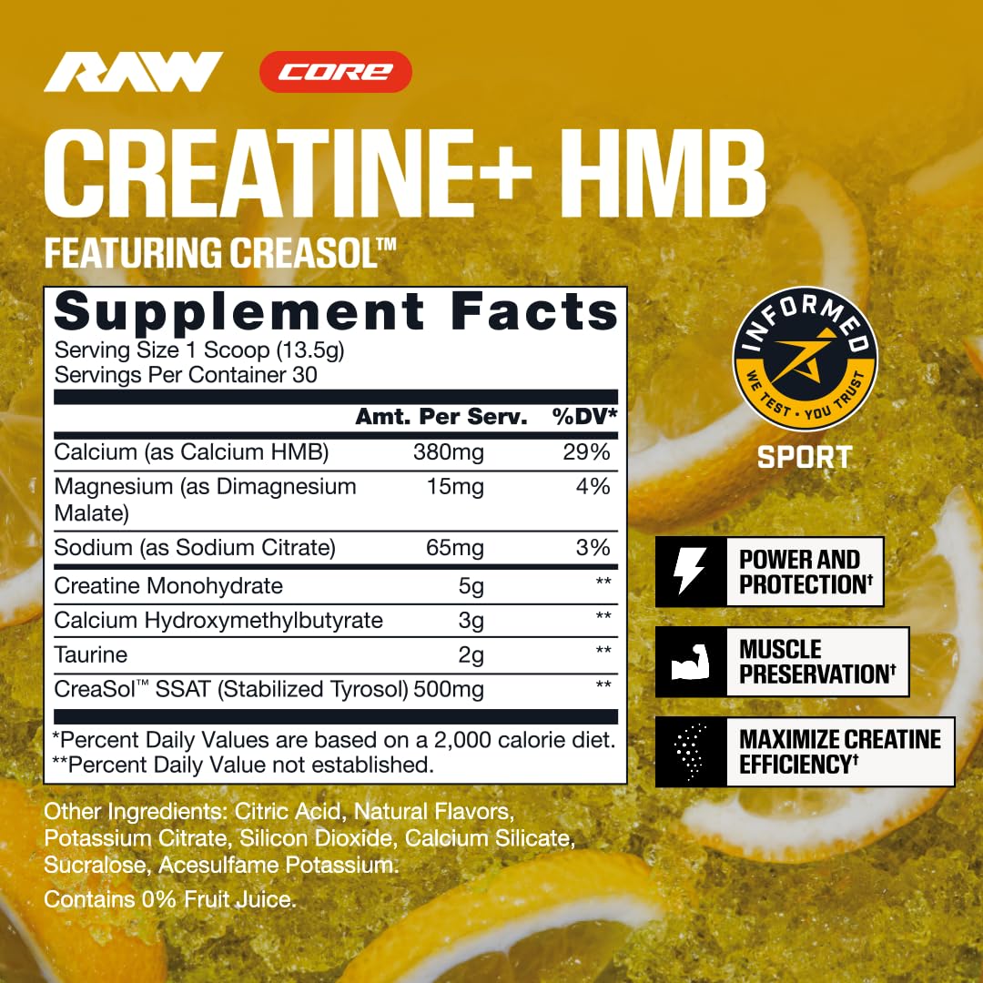RAW Creatine Plus HMB 499g vue arrière avec informations nutritionnelles