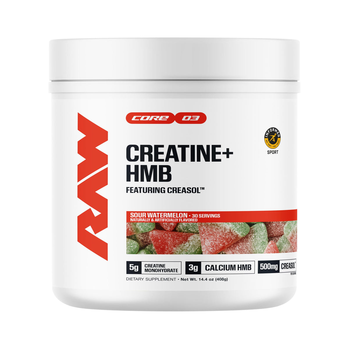 RAW Creatine Plus HMB Poudre 499g au goût pastèque acide, vue de face
