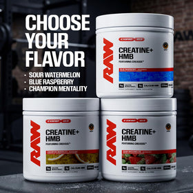 RAW Creatine Plus HMB Poudre Framboise Bleue 290g en gros plan