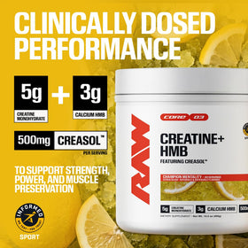 RAW Creatine Plus HMB Poudre Framboise Bleue 290g sur une table