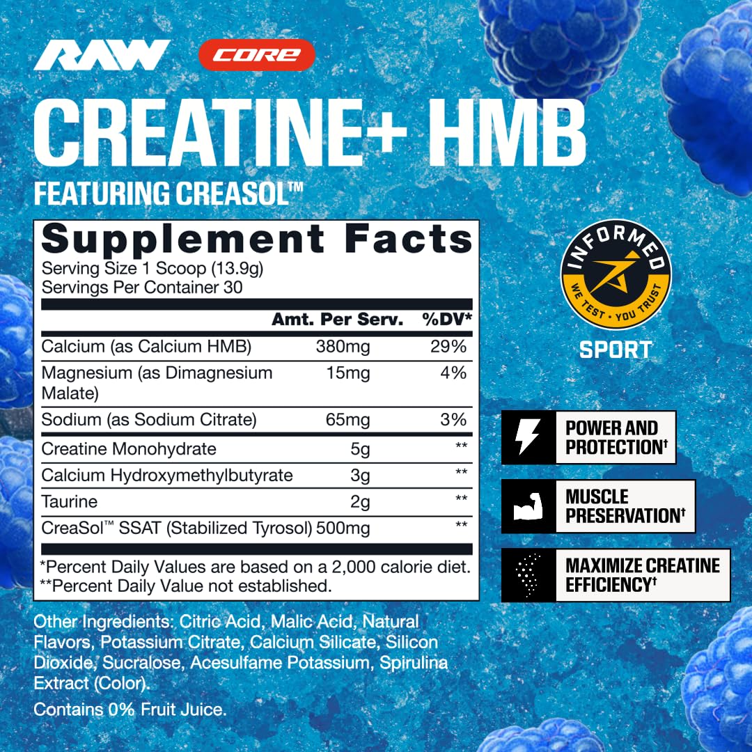 RAW Creatine Plus HMB Poudre Framboise Bleue 290g vue arrière