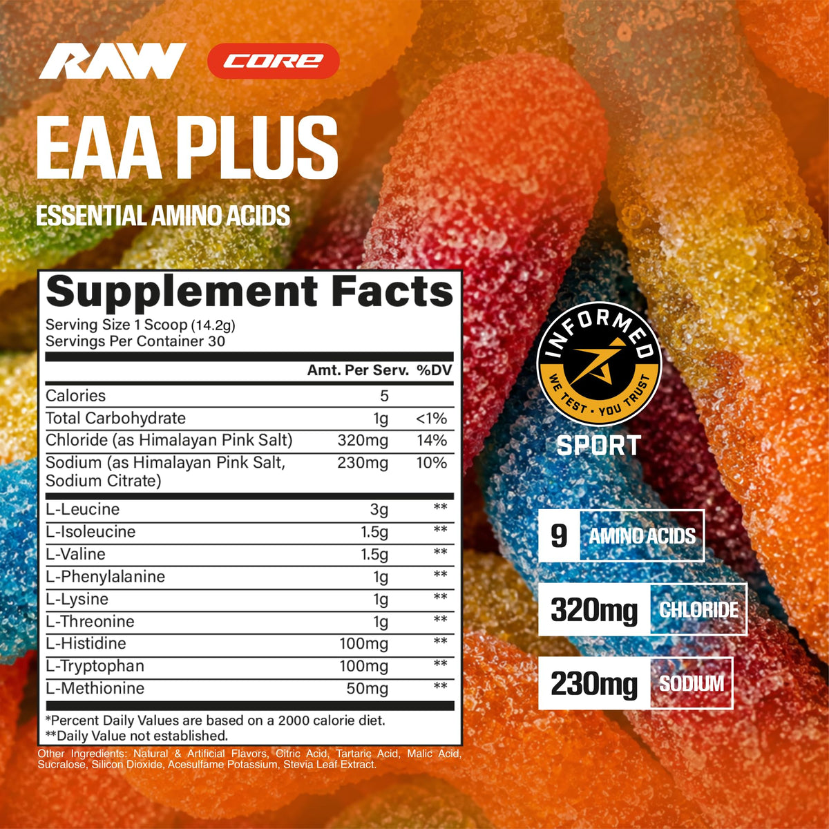 RAW EAA Plus Poudre d'Amino Acides 30 Portions Saveur Gummy Acidulé avec étiquette