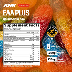 RAW EAA Plus Poudre d'Amino Acides 30 Portions Saveur Gummy Acidulé avec étiquette
