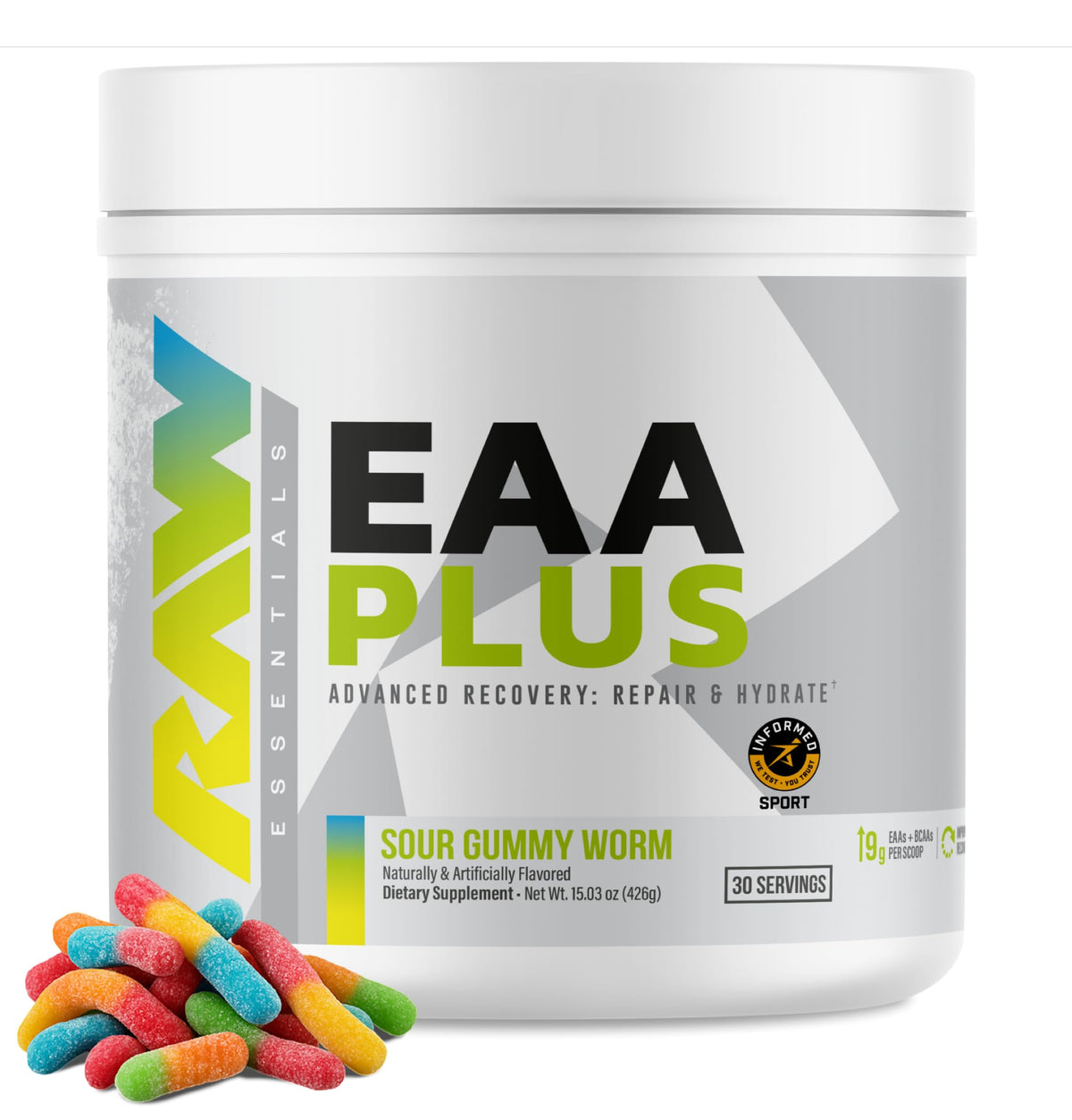 RAW EAA Plus Poudre d'Amino Acides 30 Portions Saveur Gummy Acidulé vue de face