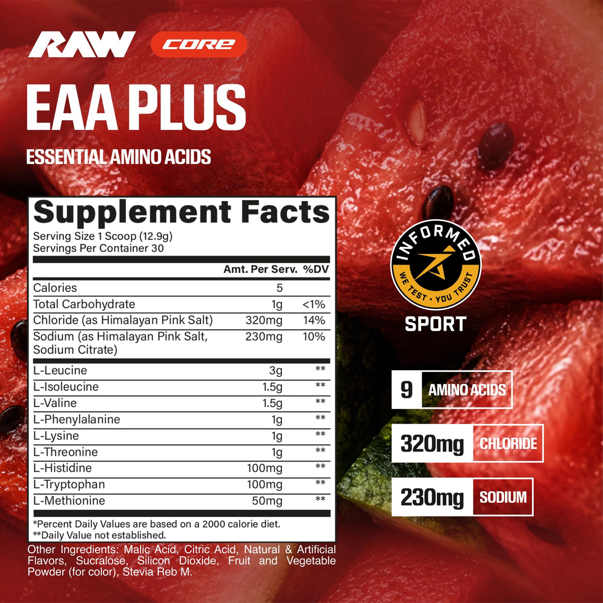 RAW EAA Plus Poudre d'Amino Acides Saveur Pastèque 540g emballage