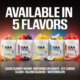 RAW EAA+ Poudre d'acides aminés Icy Lemon Slush 540g sur une table de gym