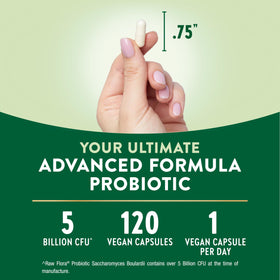 Raw Flora Probiotiques Saccharomyces Boulardii 250 mg capsules on a table