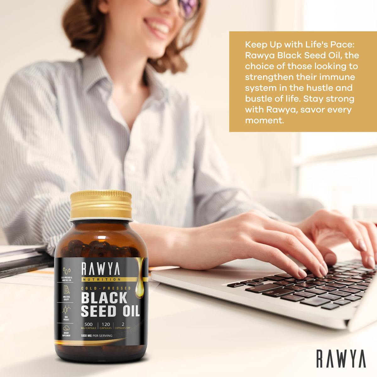 RAWYA huile de nigelle capsules molles en gros plan