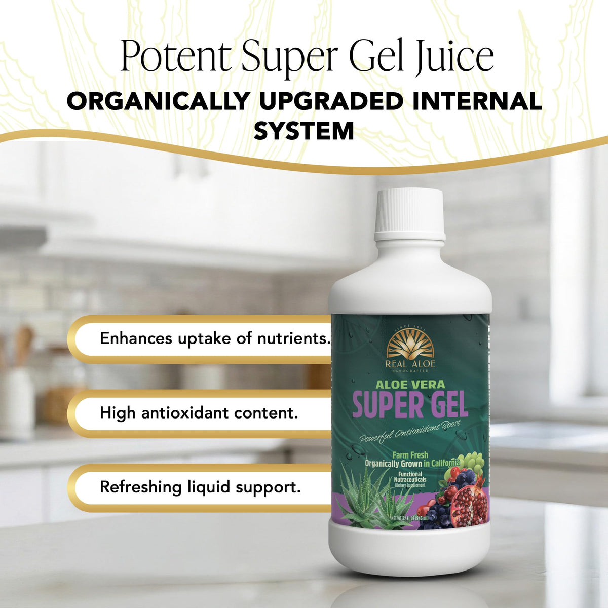 Real Aloe Gel Super Juice 946ml à côté d'un mélangeur