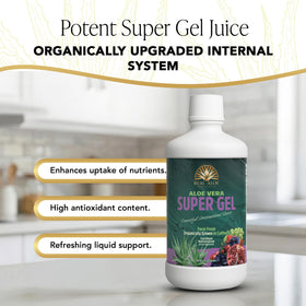 Real Aloe Gel Super Juice 946ml à côté d'un mélangeur