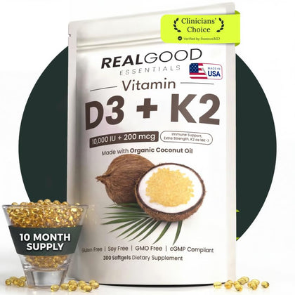 REAL GOOD ESSENTIALS D3 K2 10000 UI 300 capsules vue de face