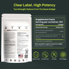 REAL GOOD ESSENTIALS D3 K2 10000 UI capsules molles sur fond blanc