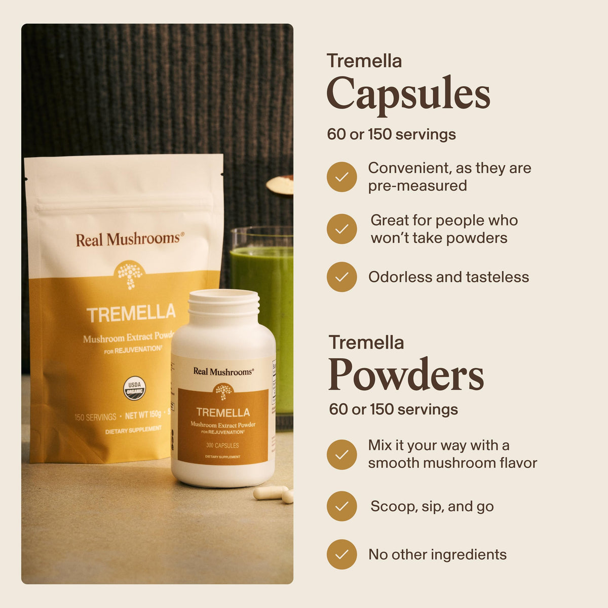 Real Mushrooms capsules de champignon Tremella sur une table