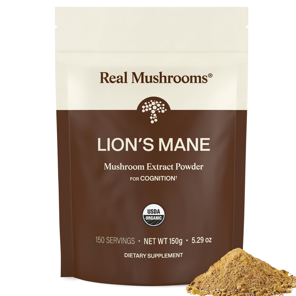Real Mushrooms Lion's Mane 160g extrait pur en poudre vue avant