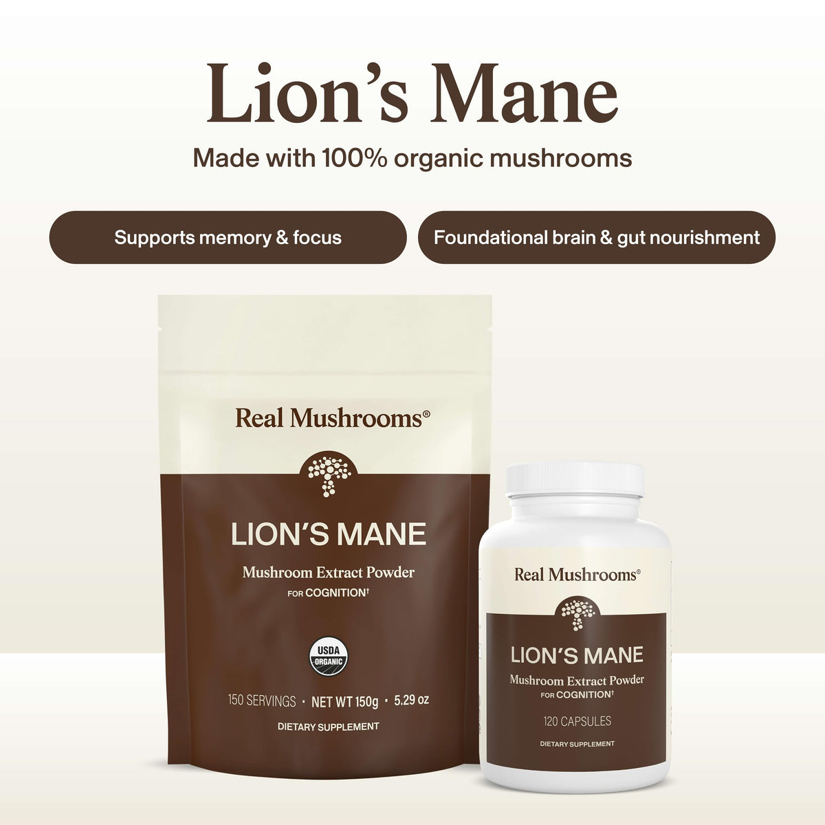 Real Mushrooms Lion's Mane 160g poudre dans un bol