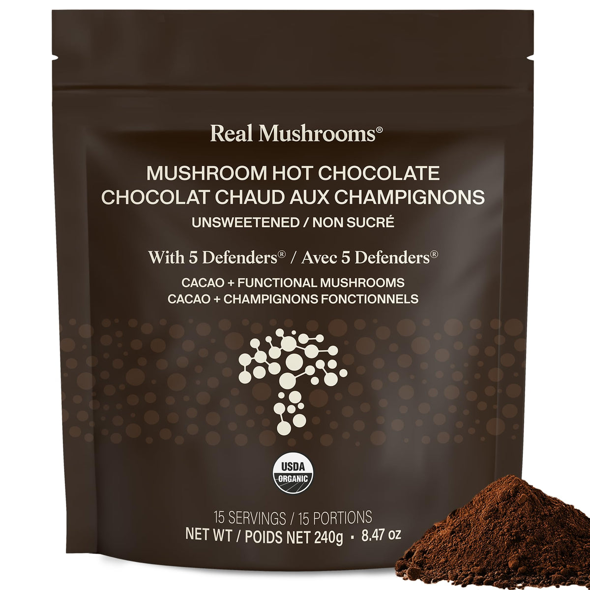 Real Mushrooms mélange chocolat chaud non sucré avec 5 champignons en poudre