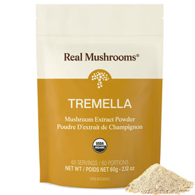 Real Mushrooms Poudre de Champignon Tremella 70g, vue avant avec étiquette bio