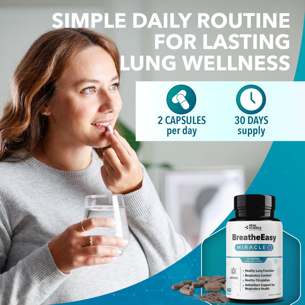 Real Science Nutrition BreatheEasy capsules with a glass of water
