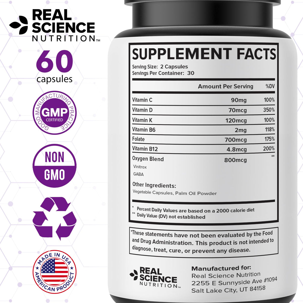 Real Science Nutrition Oxygenate Miracle 60 Caps avec des ingrédients naturels