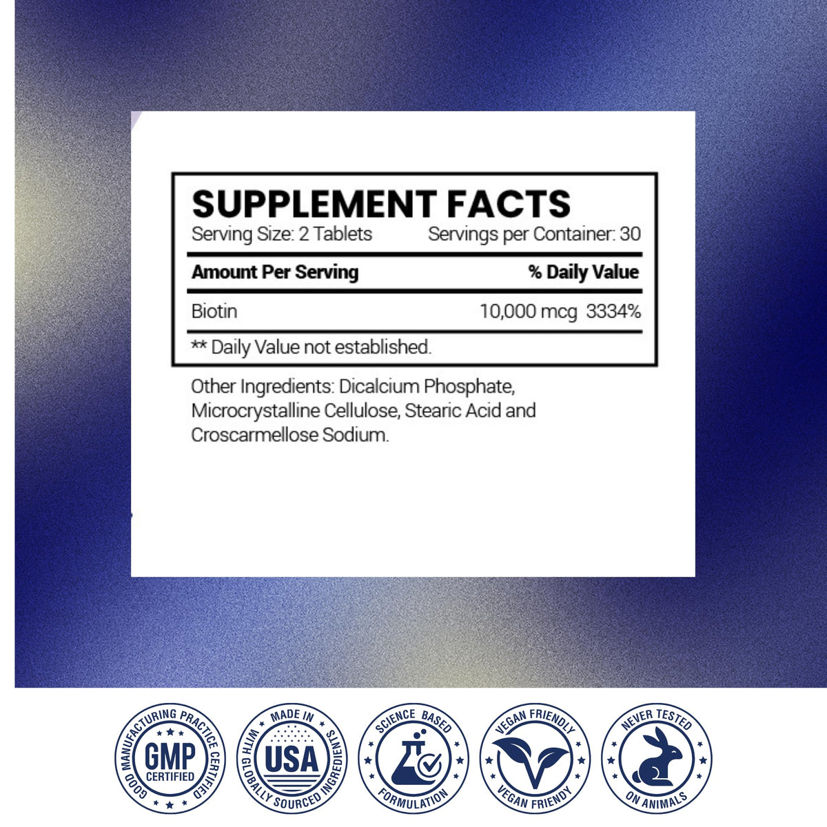 Recherche Vérifiée Biotine 10000mcg, étiquette détaillant les ingrédients