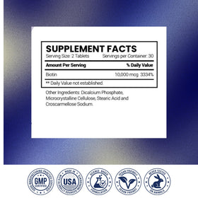Recherche Vérifiée Biotine 10000mcg, étiquette détaillant les ingrédients