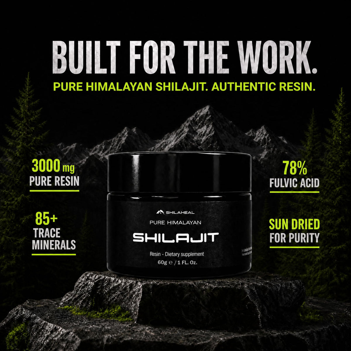 Récipient de résine de shilajit SHILAHEAL avec étiquette visible