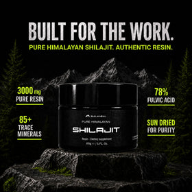 Récipient de résine de shilajit SHILAHEAL avec étiquette visible