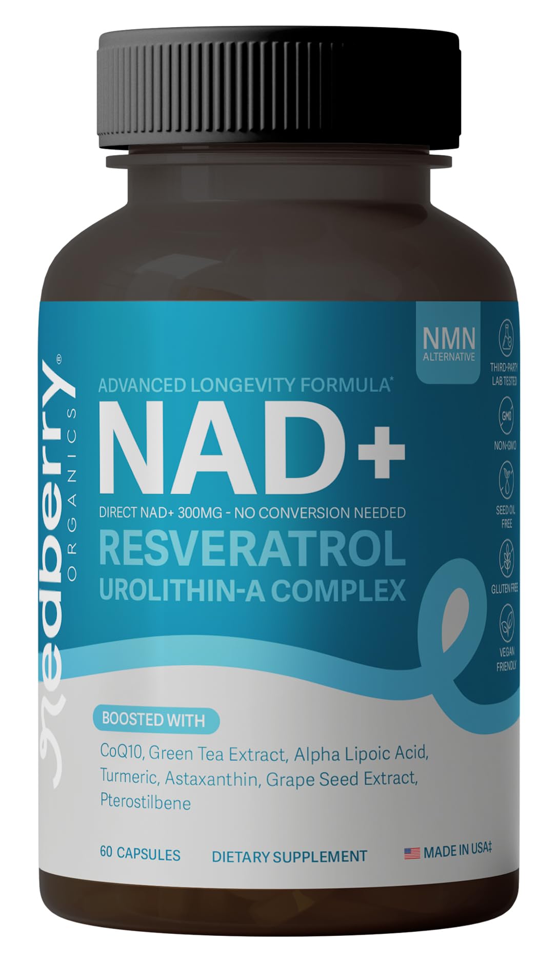 Redberry Organics Complément Alimentaire NAD+ 300mg 60 Capsules vue de face