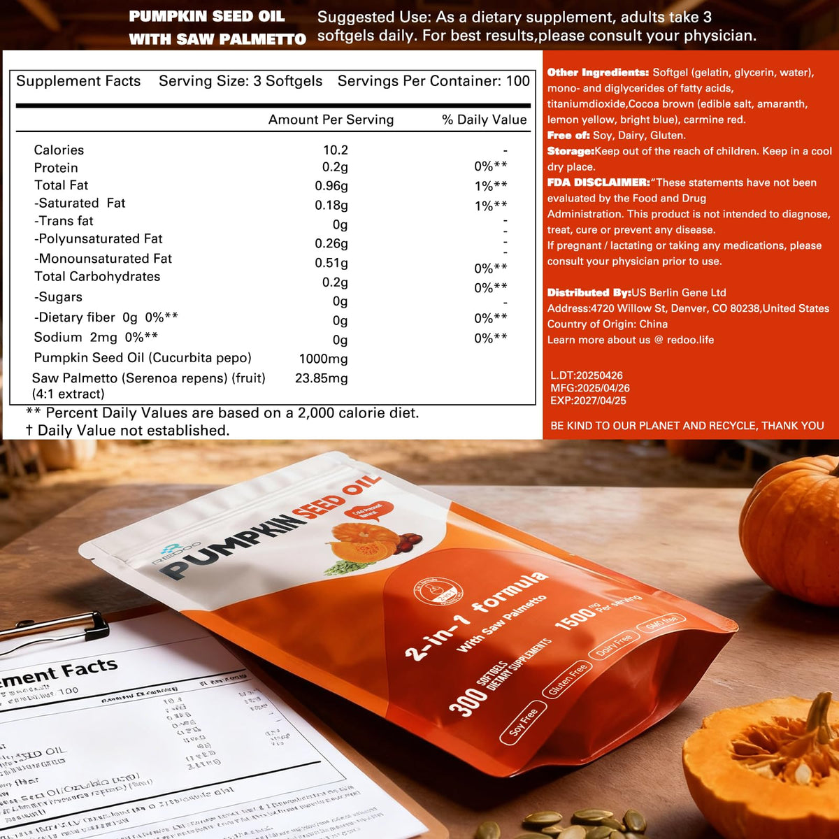 REDOO Huile de Graines de Courge 1500mg sur fond blanc