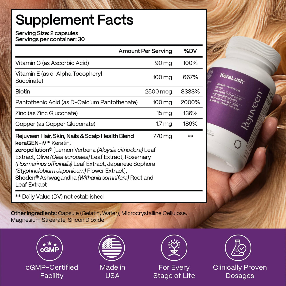 Rejuveen KeraLush Vitamines pour Cheveux - gélules sur fond blanc