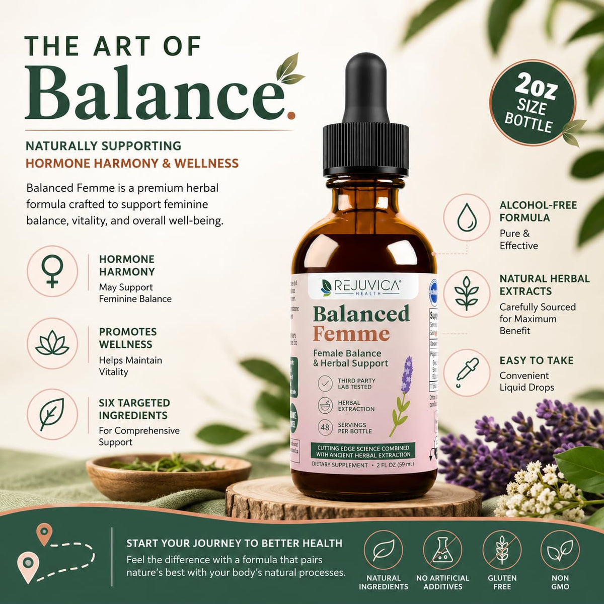 Rejuvica Health Balanced Femme flacon arrière avec ingrédients listés