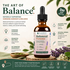 Rejuvica Health Balanced Femme flacon arrière avec ingrédients listés