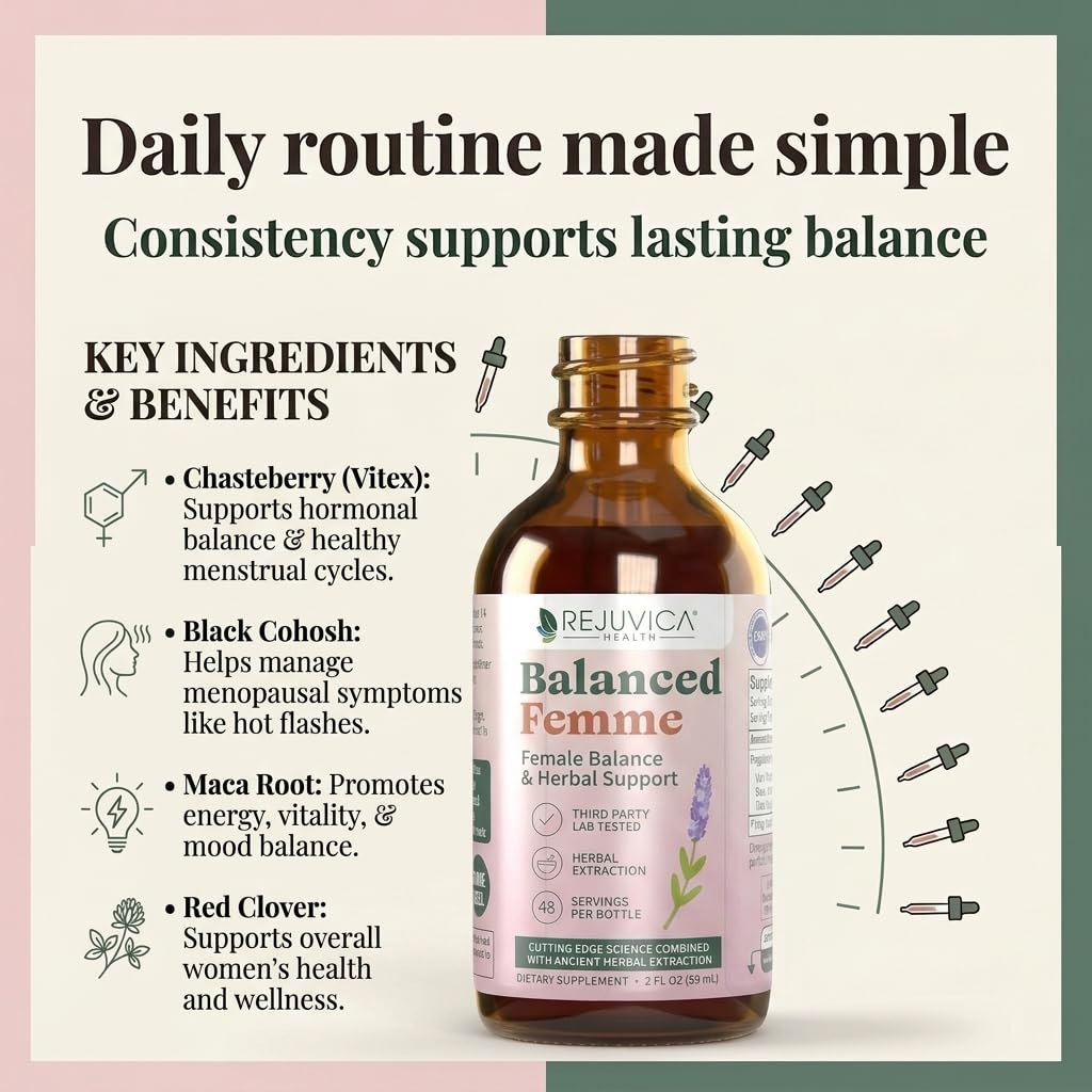 Rejuvica Health Balanced Femme flacon ouvert avec compte-gouttes