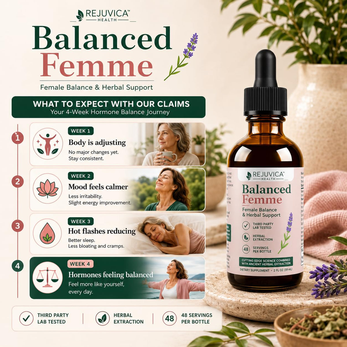 Rejuvica Health Balanced Femme flacon sur fond blanc