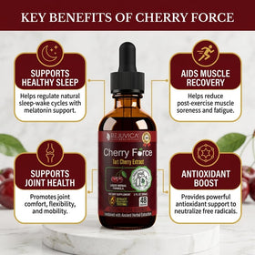 Rejuvica Health Cherry Force extrait de cerise acide à côté de cerises