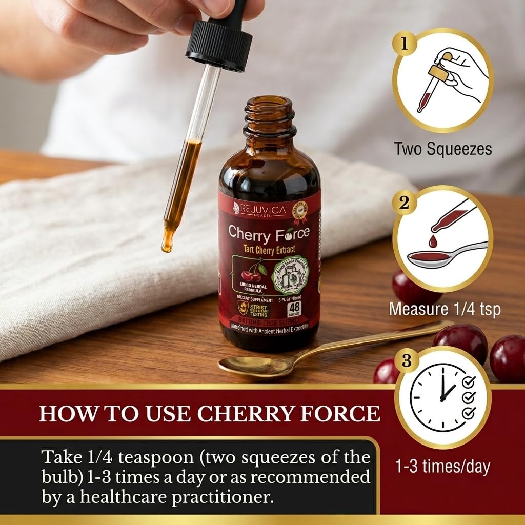 Rejuvica Health Cherry Force extrait de cerise acide avec verre d'eau