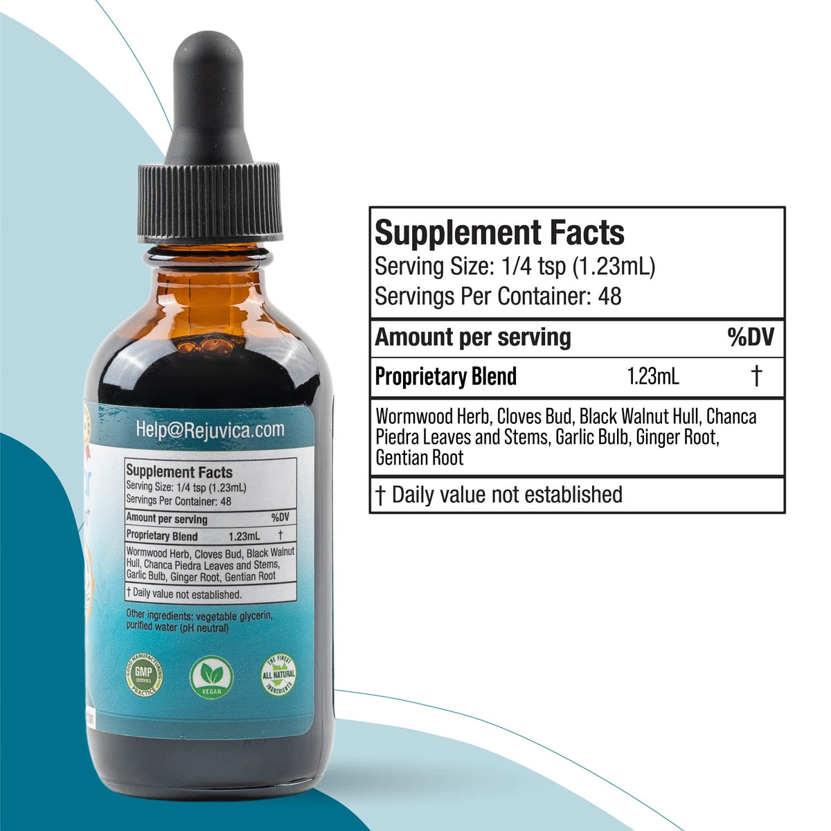 Rejuvica Health IntestiClear bouteille et gouttes sur une table