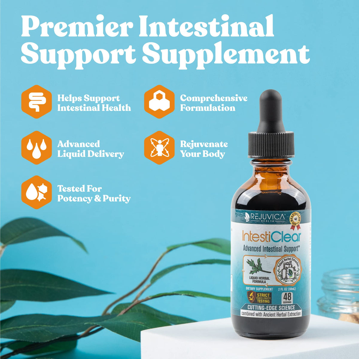 Rejuvica Health IntestiClear étiquette avec ingrédients et dosage