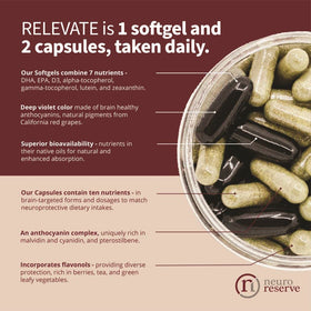Relevate NeuroReserve sur une table avec des fruits et des légumes