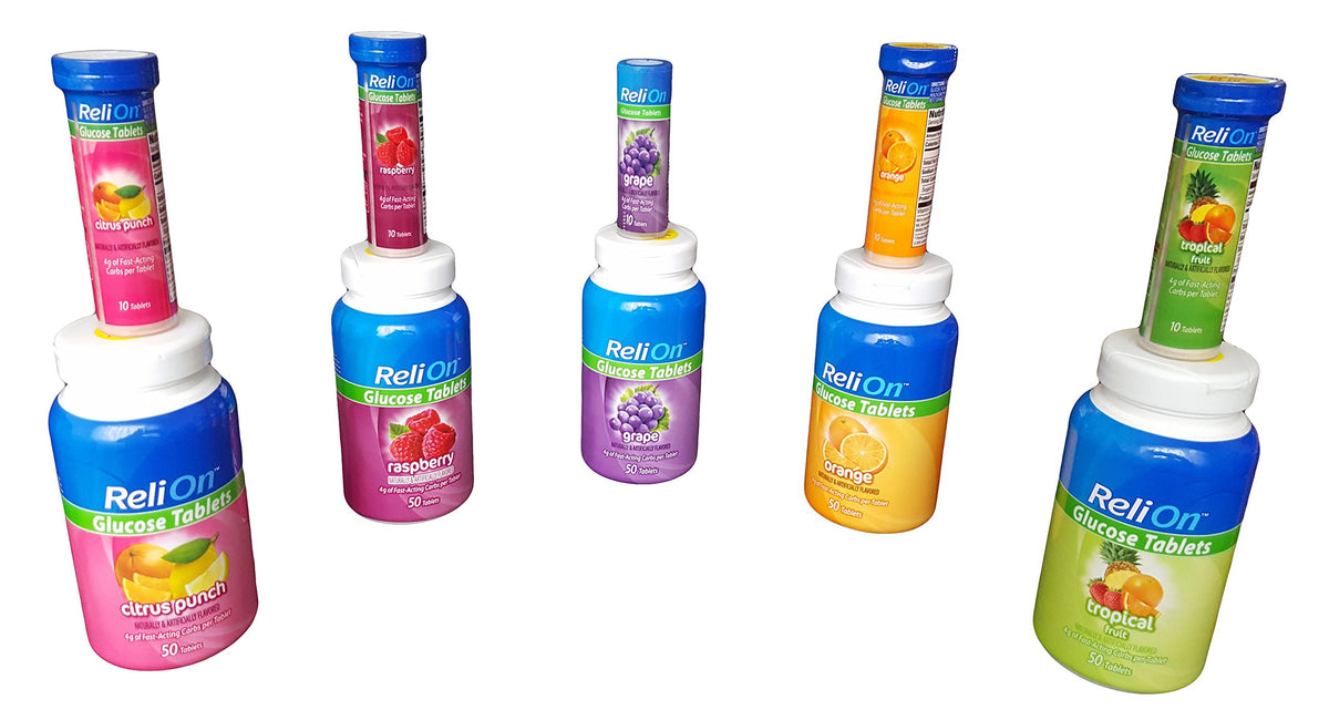 Reli On Glucose bouteille de 50 comprimés vue de côté