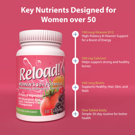 Reload! Multivitamines Femmes 50+ ingrédients visibles sur l'emballage
