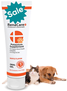 Renacare K Gel Potassium 141g pour chiens et chats devant l'emballage