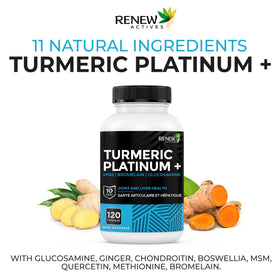 Renew Actives Curcuma Platinum 1350MG capsules on a wooden table