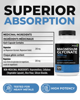 Renew Actives Magnésium Glycinate 400mg 120 capsules dans l'emballage