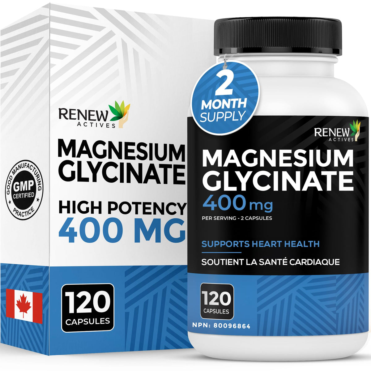Renew Actives Magnésium Glycinate 400mg 120 capsules vue avant