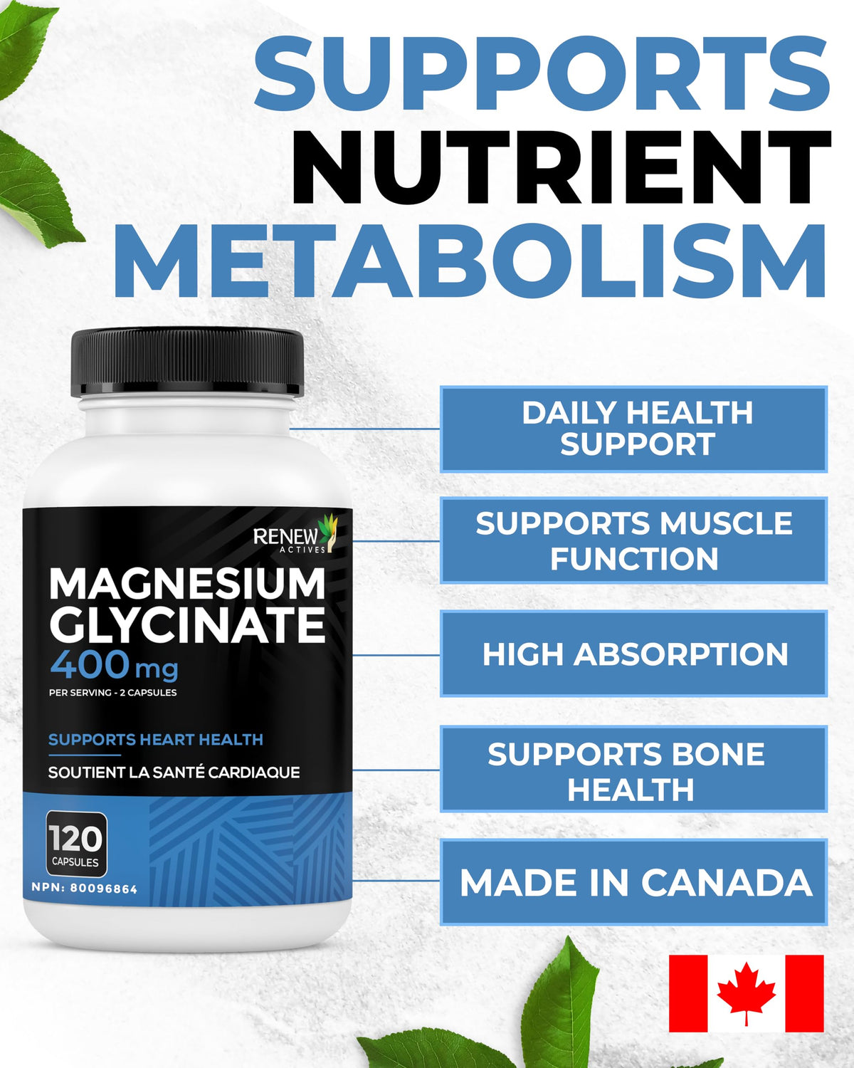 Renew Actives Magnésium Glycinate 400mg capsules ouvertes