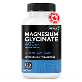 Renew Actives Magnésium Glycinate 400mg capsules sur fond blanc