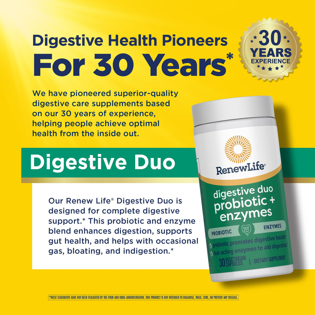 Renew Life Duo Probiotique et Enzymes flacon avec capsules à côté