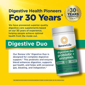 Renew Life Duo Probiotique et Enzymes flacon avec capsules à côté